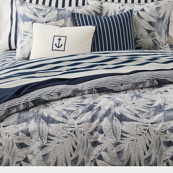 New Ralph Lauren Evan Palm King 3p Duvet Cover Set Blue Floral Reversible Stripe - Picture 4 of 4